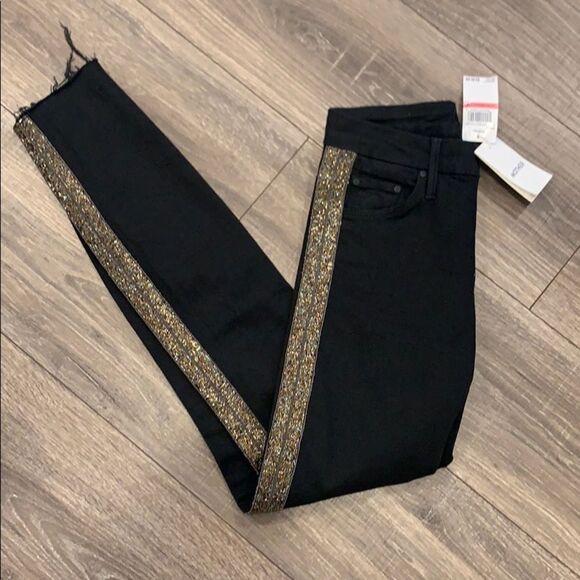 MOTHER Straight Leg Beaded Racing Stripe Jean with Raw Hem - Size 26 - Picture 2 of 5